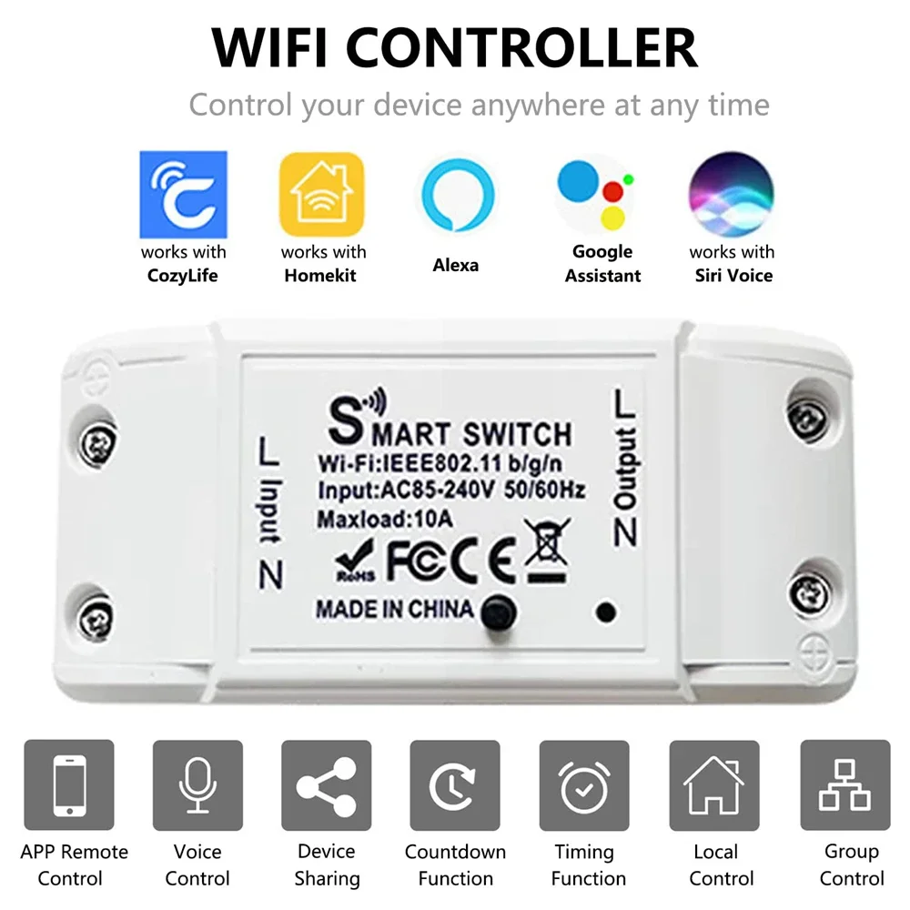 

10A WiFi Smart Switch Smart Home Wireless Control Switch Relay Breaker Remote Voice Control Support Alexa Google Home Ewelink