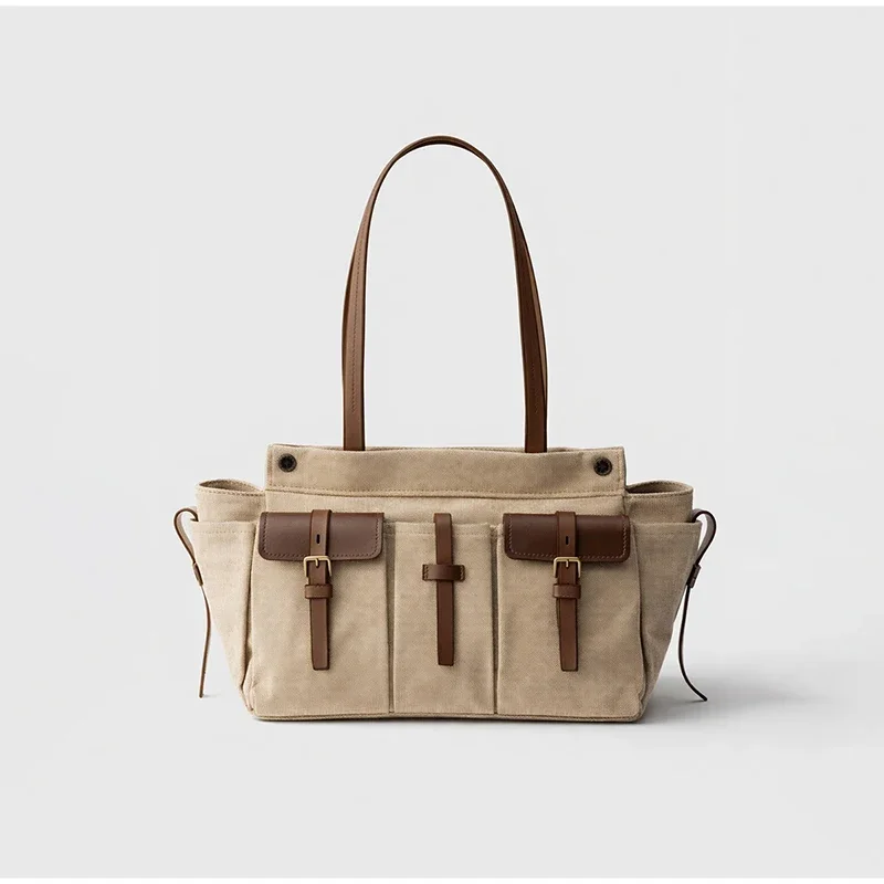 Vintage Canvas Leather Multi-pocket Tote Bag Large Capacity Zipper Shoulder Bag Patchwork Design Motorcycle Bag Niche Handbag