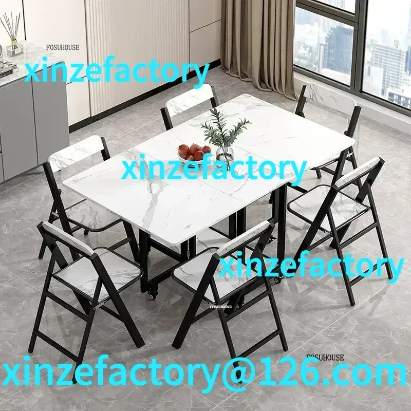 Customizable Folding Dining Table Movable  for 4-6 Person Modern Rectangle Wheels Home