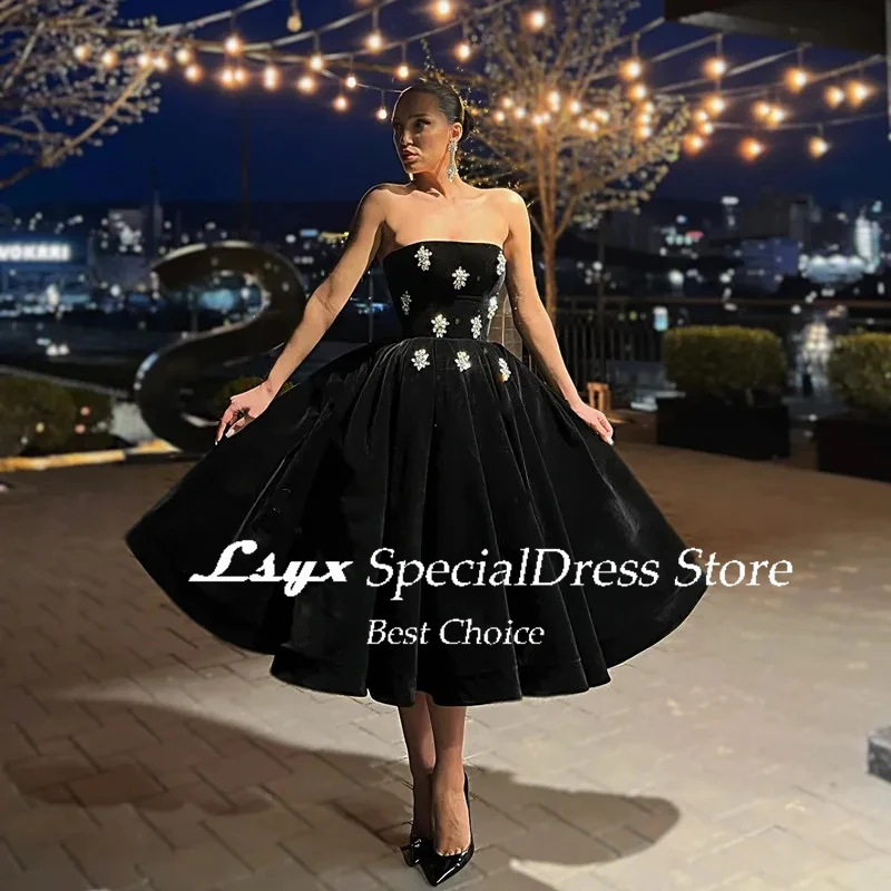 Strapless Velour Black Evening Dresses 2024 Crystal Beads A-line Tea-length Elegant Prom Dresses vestidos de gala mujer