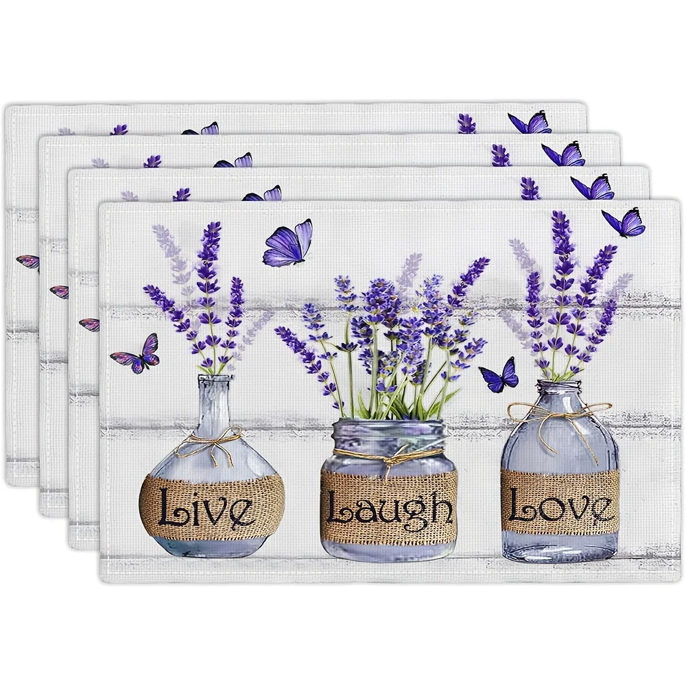 VIKAMA 4 manteles individuales con botellas de vidrio de lavanda, decoración de mesa cálida para reuniones familiares y cenas de amigos