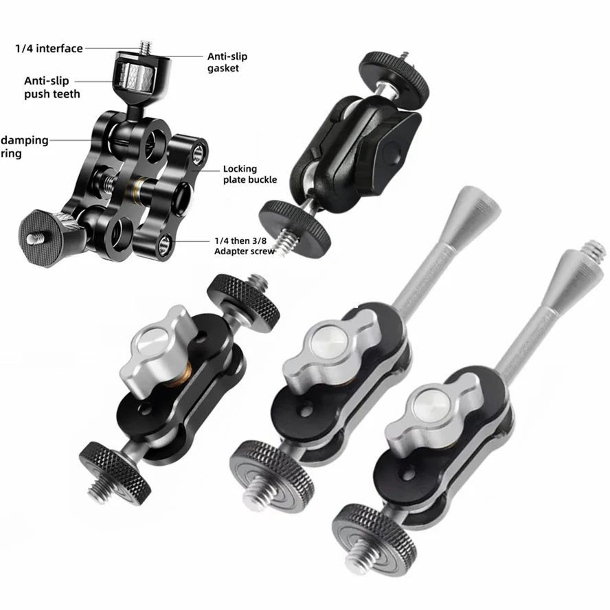 Double Ball head Magic Arm 1/4 inch Screw CNC for SLR Camera Tripod Cage Rig LED Video Light Microphone Field Monitor GoPro DJI
