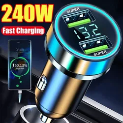 Cargador súper rápido de 240W para coche, puertos USB duales para IPhone, Samsung, teléfono, adaptador de carga rápida, cargadores Automotrices