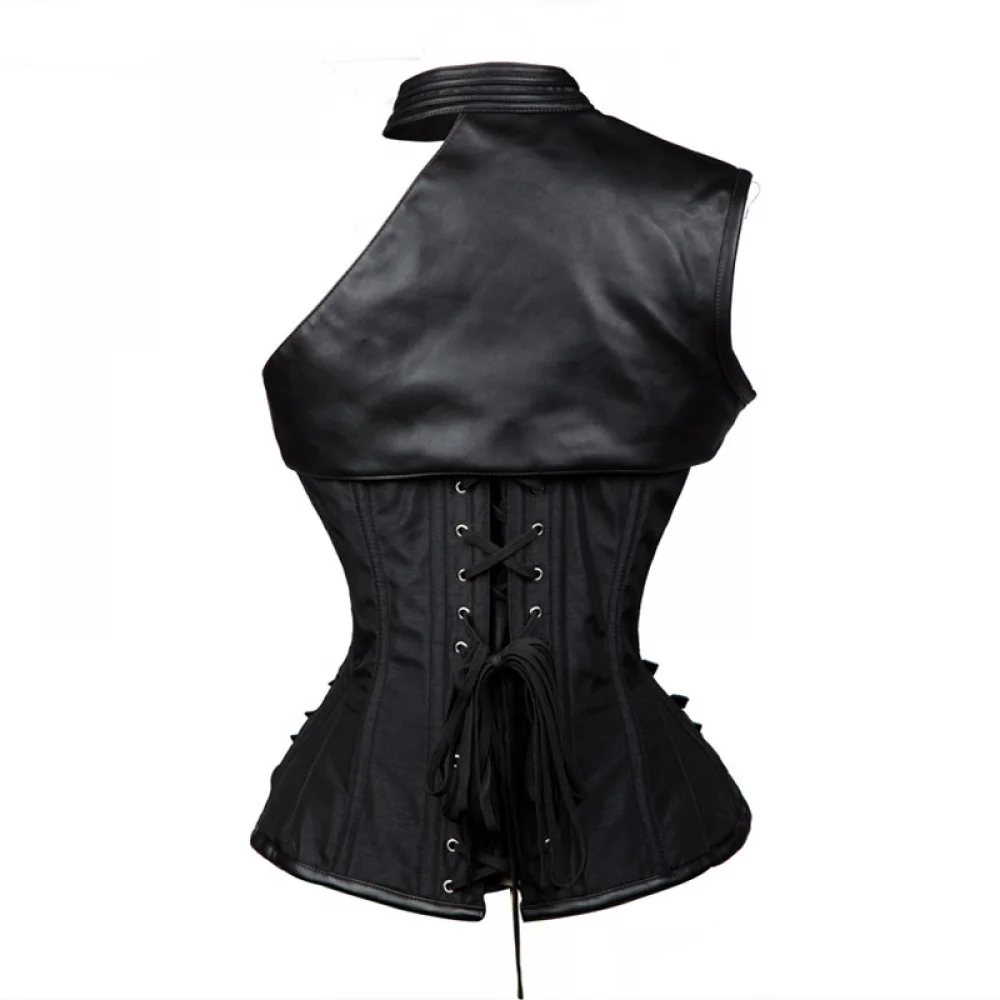 Corsetto in pelle taglie forti Bustier Steampunk Abbigliamento Donna Top Capispalla vintage Corsetto Overbust Costume da pirata Basco Nero