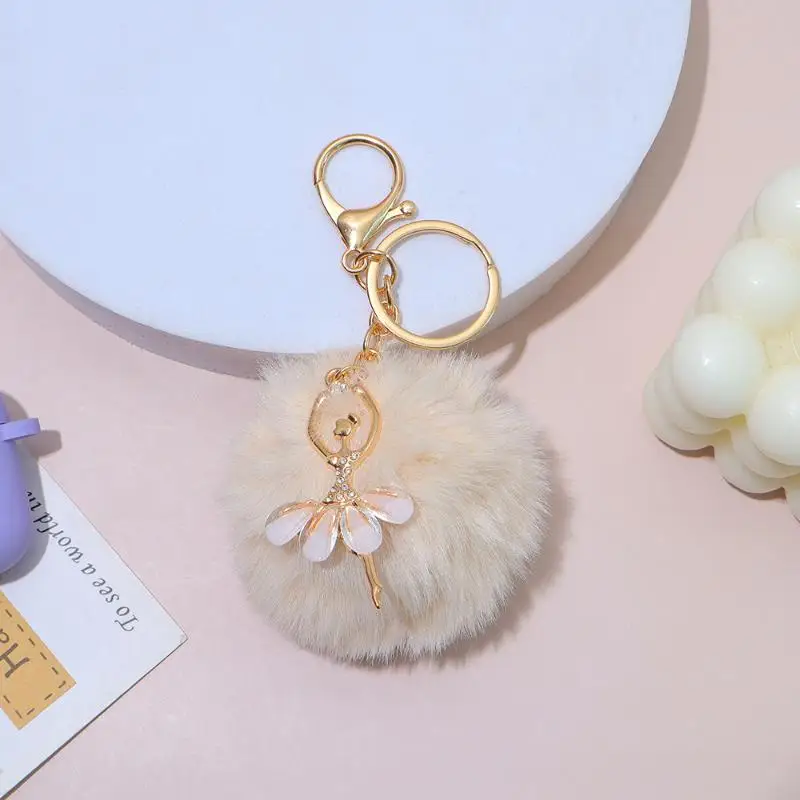 Faux Fur Pom Pom Keychain Fluffy Crystal Ballerina Charm Gold Clasp Bag Decor for Birthday Graduation Gifts