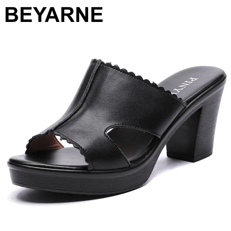 BEYARNE Women slipper shoes  ladies summer slippers shoes women high heels fashion open toe genuine leather summer shoes