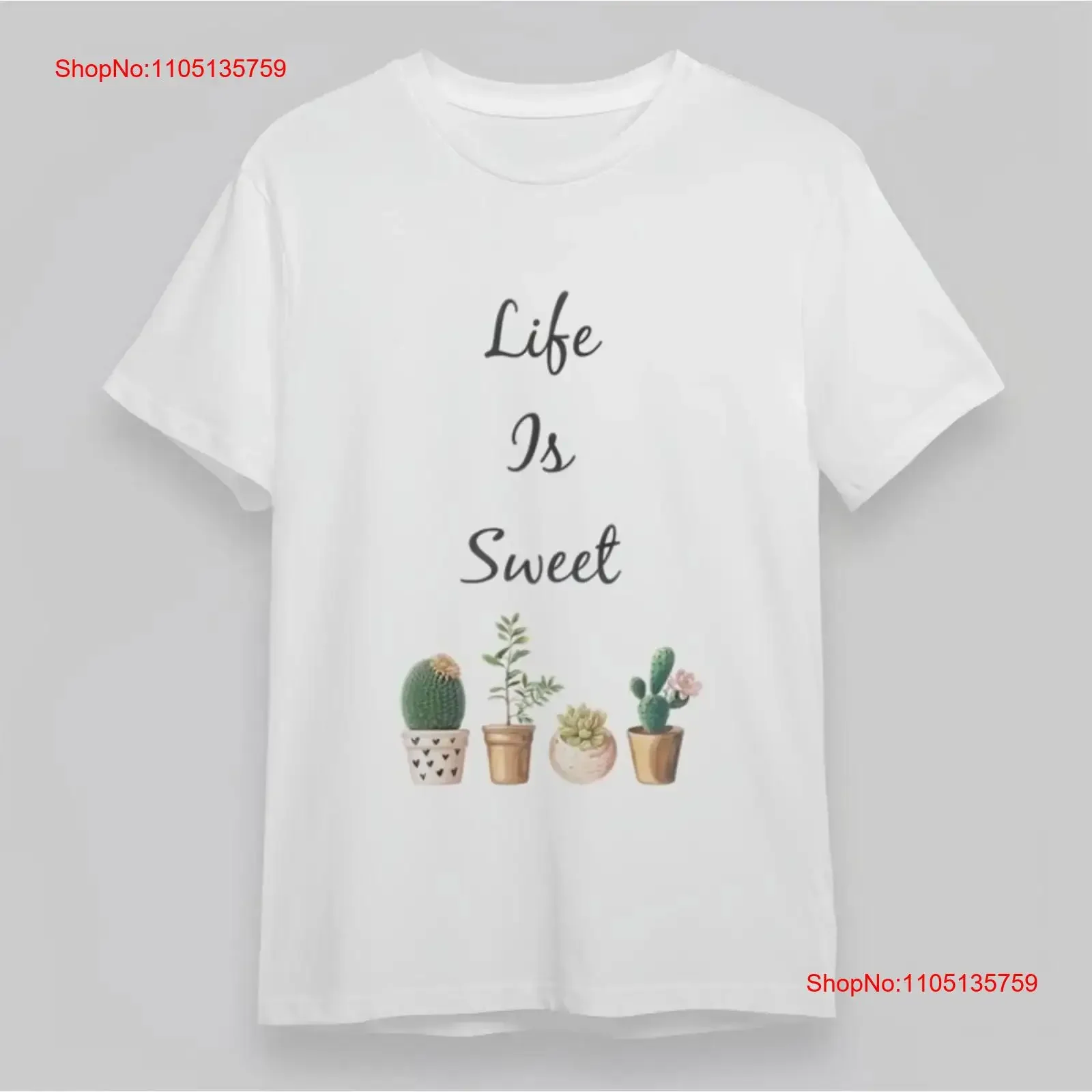 Women's Soft Classic T Shirt Cactus Pots Life Is Sweet Quote White Cotton vintage Washed Top For Everyday Wear fashion