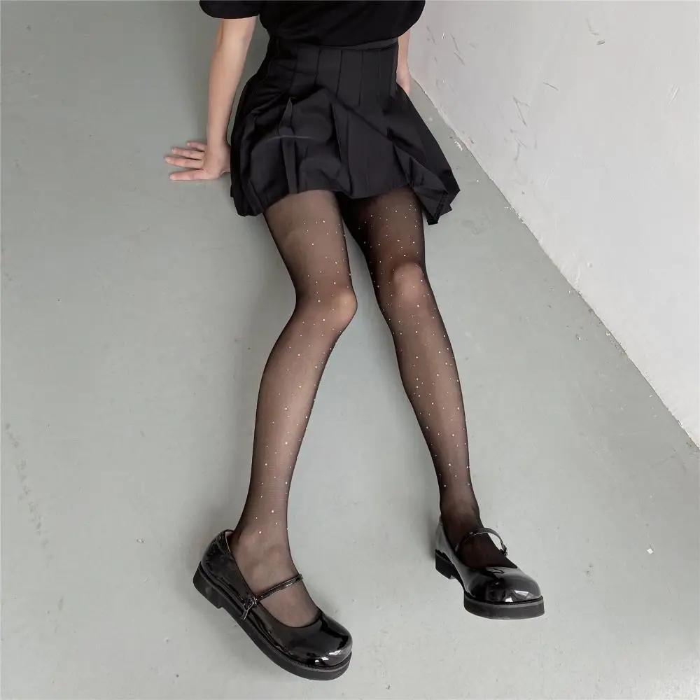 

Simple Leggings Rhinestone Pantyhose Black White Bling Stockings Korean Style Solid Color Mesh Stockings Women