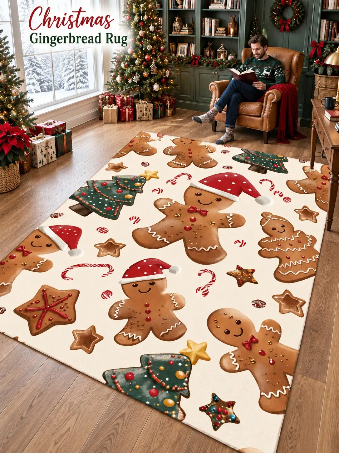 Christmas Rug Gingerbread Cookies Candy Canes Living Room Bedroom Entryway Hallway Floor Carpet Gift for Family Friends Neighbors Winter Thanksgiving Birthday Anniversary Housewarming Apartment Cabin Farmhouse Home Styling Sofa Side Reading Nook