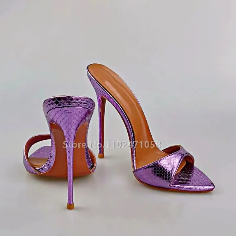 

Purple Pointed Toe Thin Heels Women Sandals Sexy Snake Skin Women Hight Heels Shallow Slip-On Slingback Ladies Slippers Shoes