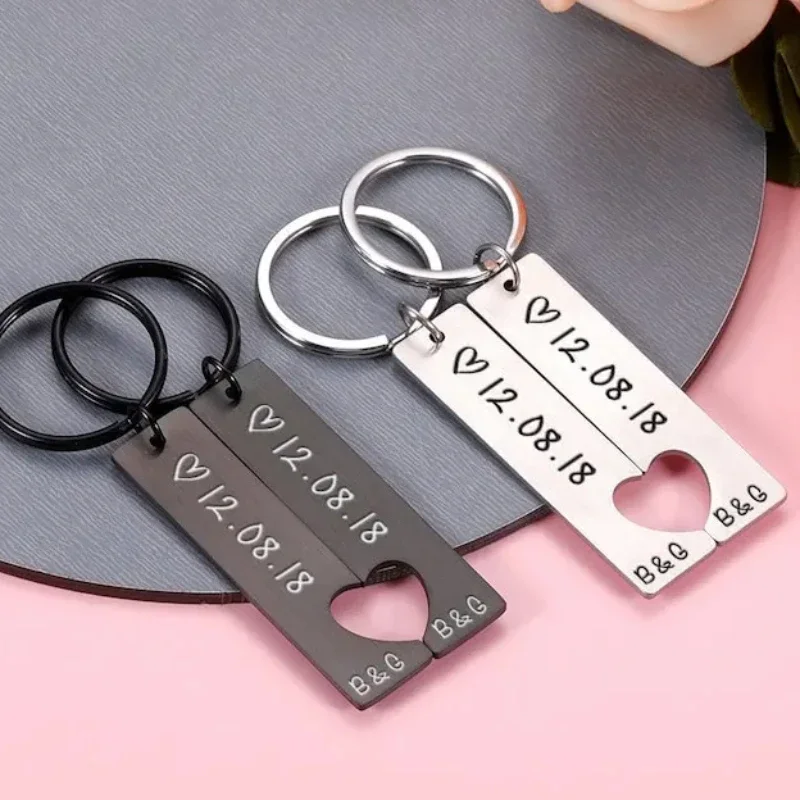 Stainless Steel Personalized Name Date Couple Keychains Anniversary Valentine's Day Gifts Key Ring Llaveros De Acero Inoxidable