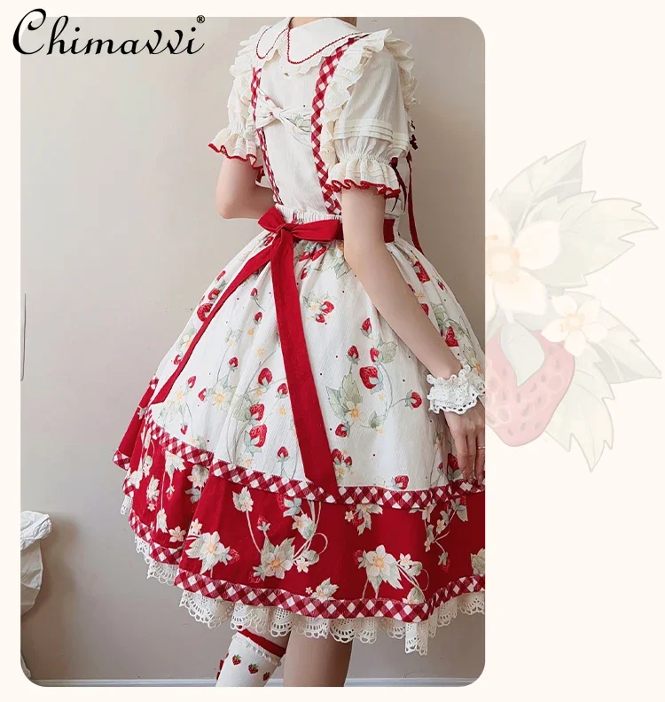 Strawberry Orchard Detachable Strap Suspender Skirt Lolita Sweet Girls Women Cute Cotton Shirt Embroidery Printed Kawaii Outfits