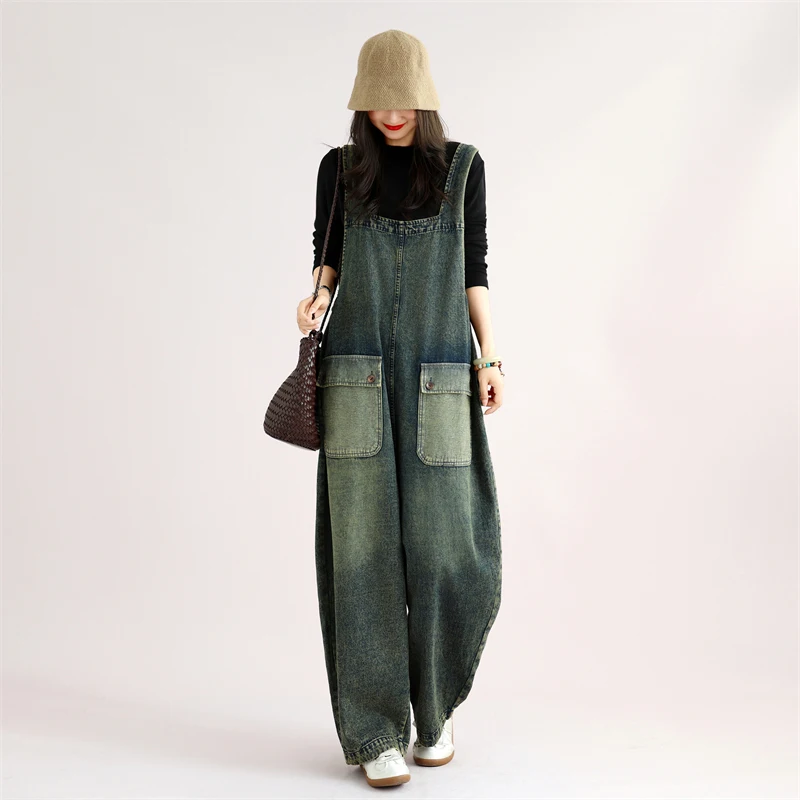 New Casual Vintage Denim Overalls Women's Loose Fit plus Size Jeans Pants with Pockets Long Trousers  Suit