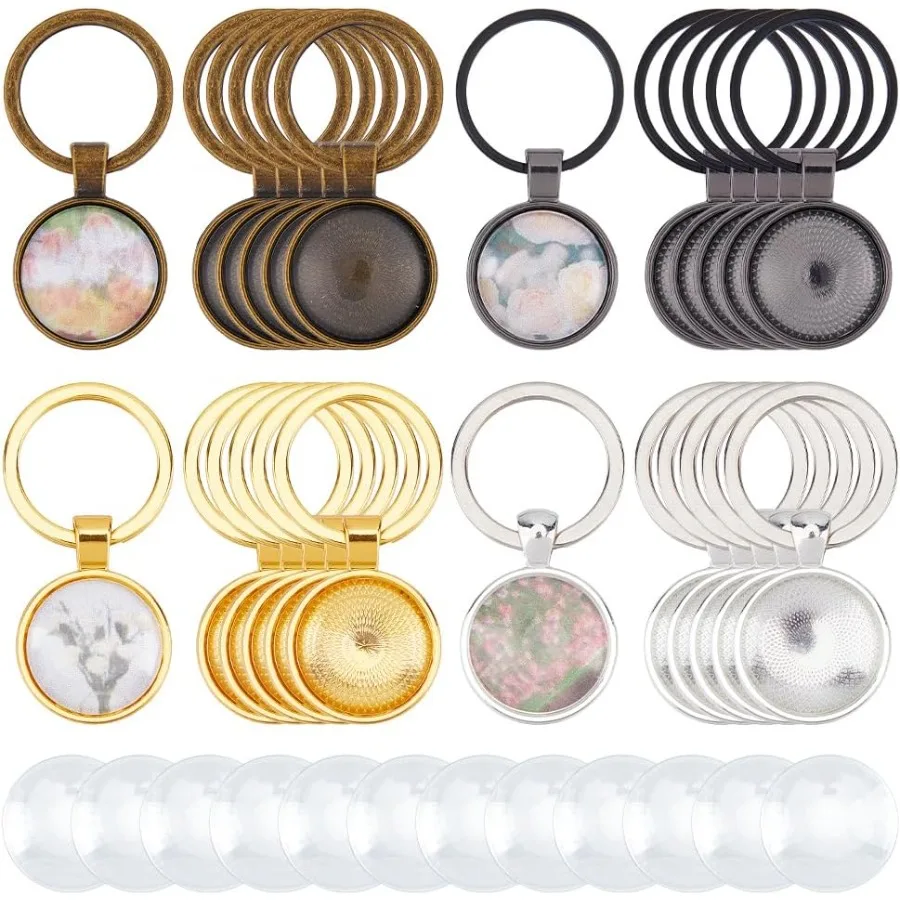 

24 комплекта, 4 цвета, комплект ключей с кабошоном, подвеска из сплава, кабошон и стеклянные кабошоны, 20 мм, пустой лоток, изготовление брелоков своими руками