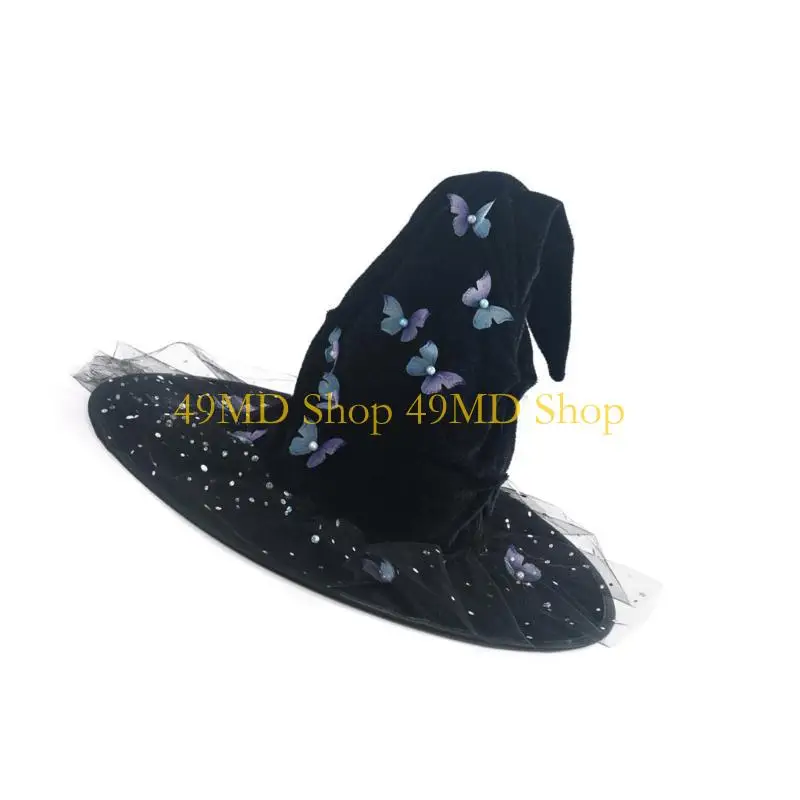 49MD Carnivals Witch Hats Masquerades Ribbon Wizard Hats Adult Kids Witch Hats