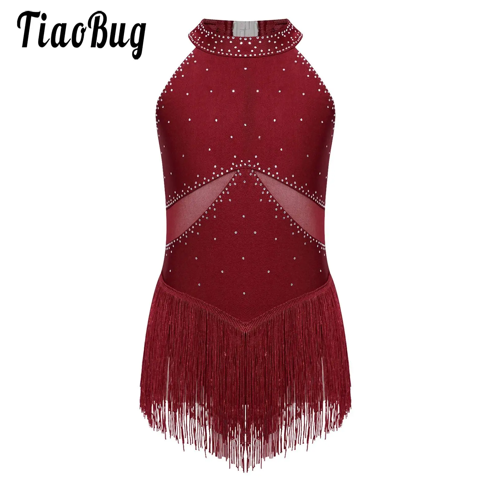 Kids Girls Latin Jazz Tango Dance Dress Skating Dancewear Rhinestones Tassel Leotard Sheer Mesh Patchwork Bodysuit Skirted Dress