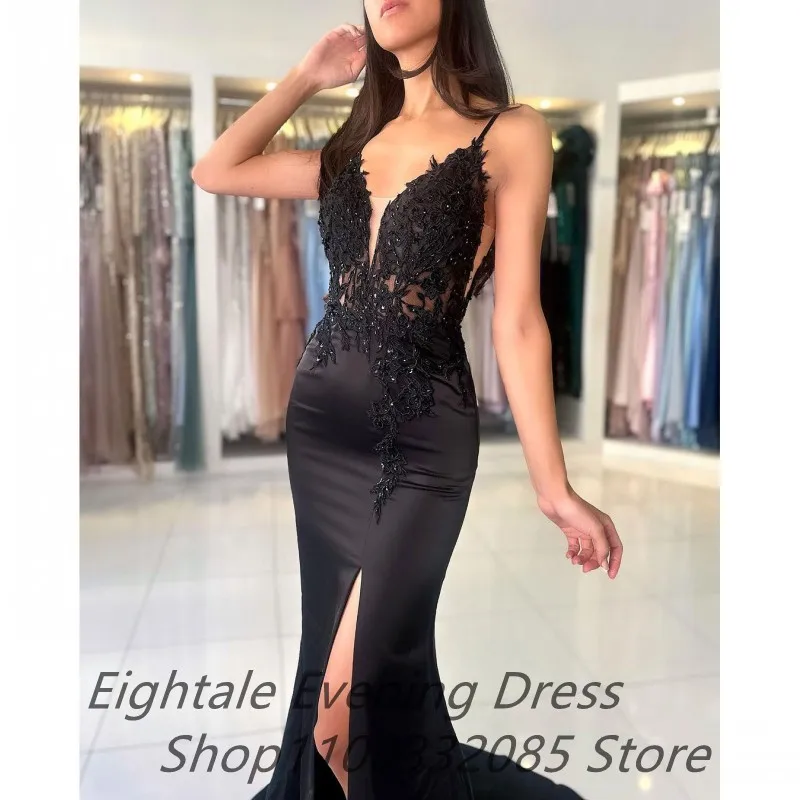 Eightale Aangepaste 2025, Zwarte Split Zeemeermin Prom Dress Bandjes Applicaties Backless Avondjurk Vrouwen Formele Party Gown