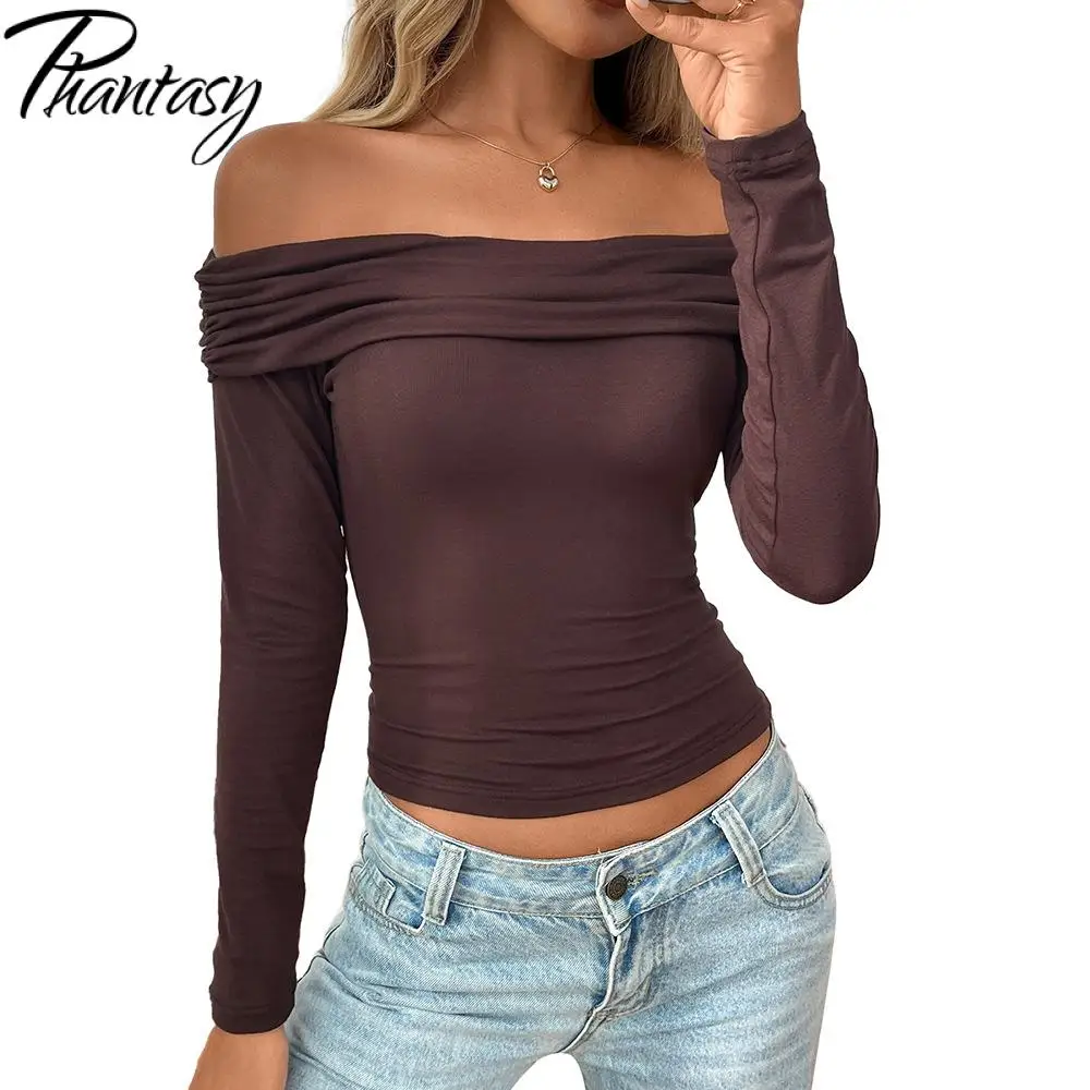 Phantasy Damska Bluzka Y2K z Plisowanymi Ramionami, Długim Rękawem, Seksowna, Hot Girl, Asymetryczna, Prosta, Luźna, Casualowa, Styl Lato 2025 ﻿