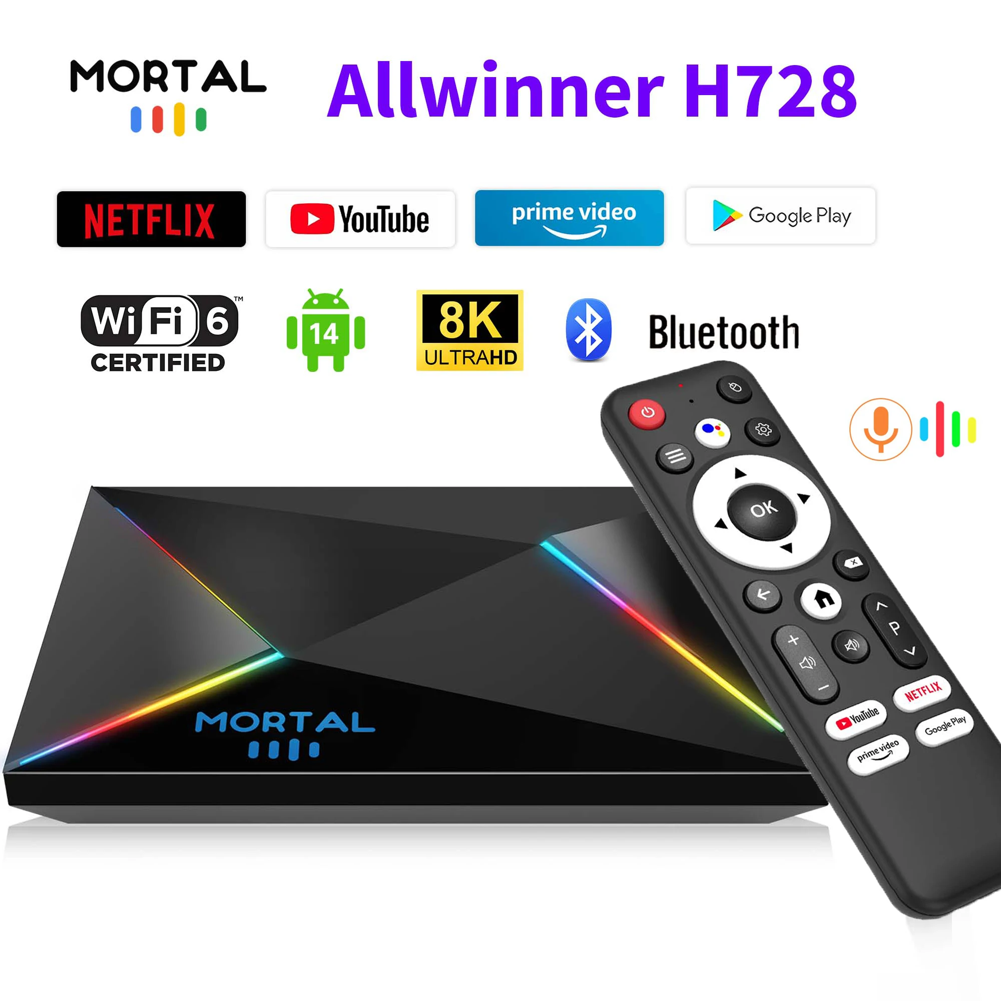 Mortal T9 Streaming TV Box Wifi6 Android14 1000M Smart 8K 4K Home theater AllwinnerH728 Octa Core Netflix Bluetooth Chromecast