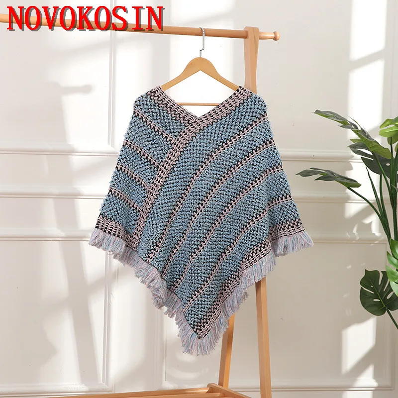 5 Colors 2022 Grey Hot Autumn V Neck Tassels Triangle Loose Sweater Knitted Poncho Shawl Out Street Striped Pullovers Knitwear