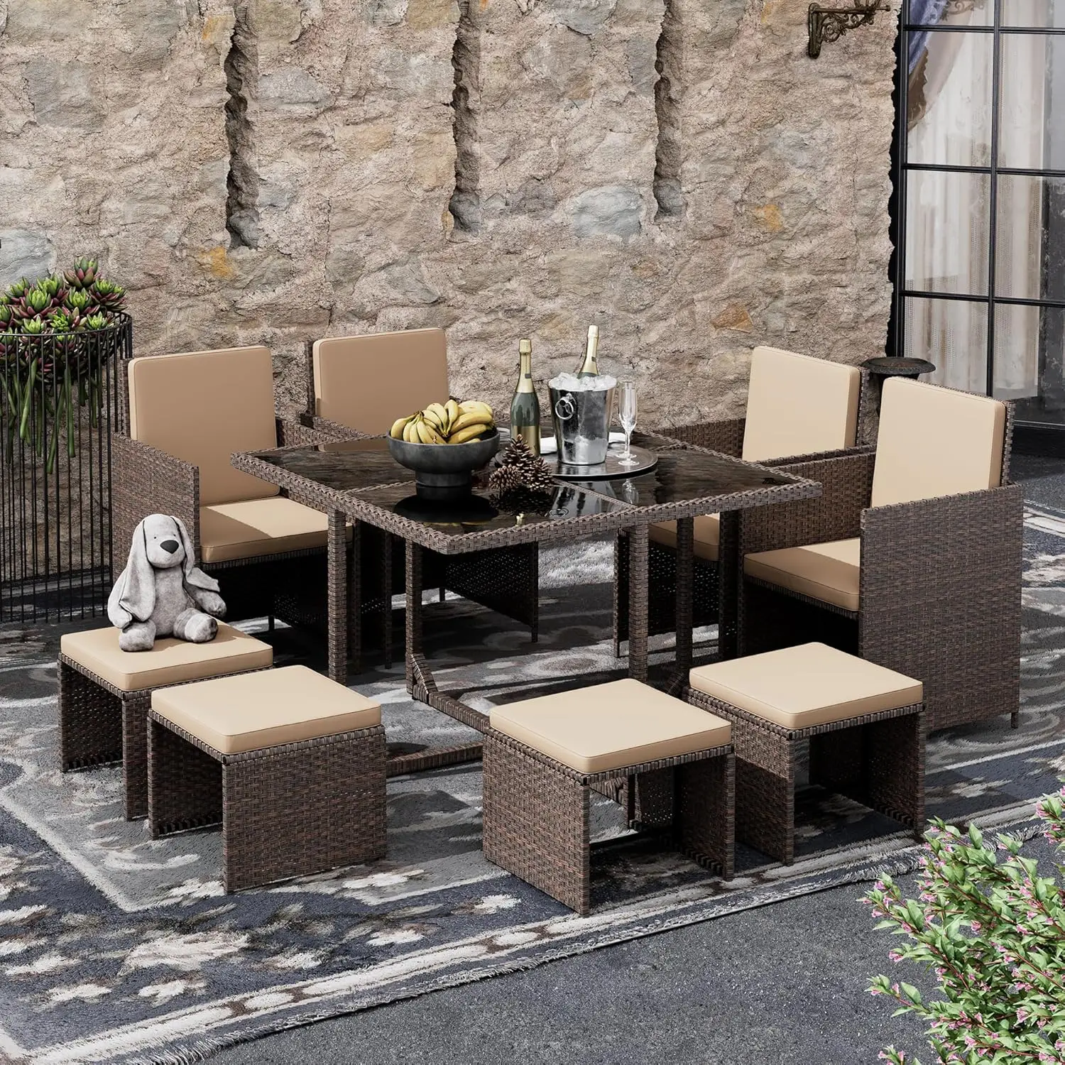 

9 Pieces Patio Dining Sets Outdoor Conversation Sets, Space Saving Wicker Chairs with Glass Table and Ottomans,Cushioned Seating