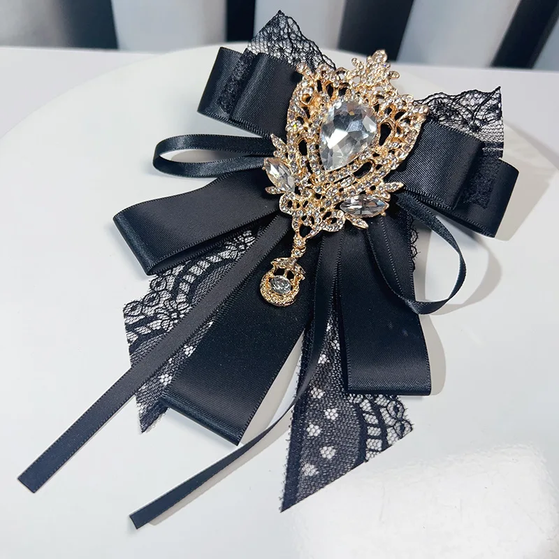 New Vintage Rhinestone Bow Tie Lace Ribbon Brooch Pins for Women and Men Elegant Accessory Wedding Party Jewelry Gifts