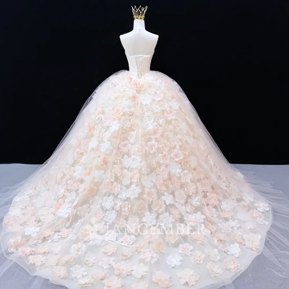 Romantic Peach Ball Gown Customized Wedding Dress Strapless Ruched Tulle Stunning 3D Flowers Real Photos فساتين حفلات الزفاف