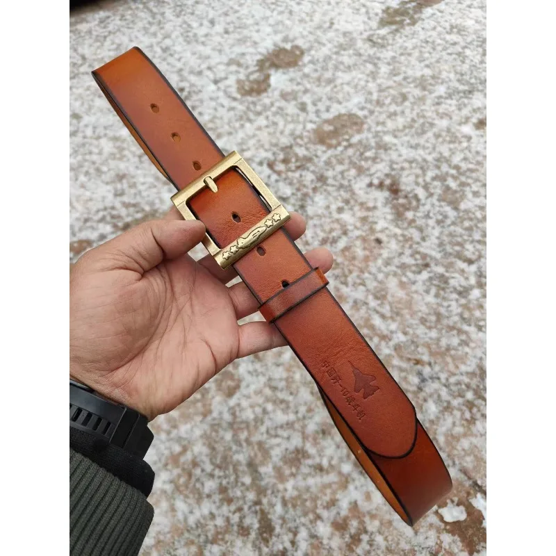 Vintage Aircraft Logo Men Cowhide Belt Solid Brass Buckle Genuine Leather Business Casual Waistband
