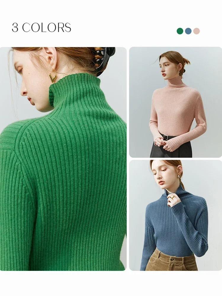 FSLE Pit Strip Turtleneck Sweater Women Autumn Winter Pullover Slim Fit Solid Casual Female Bottoming 100% Wool Sweaters