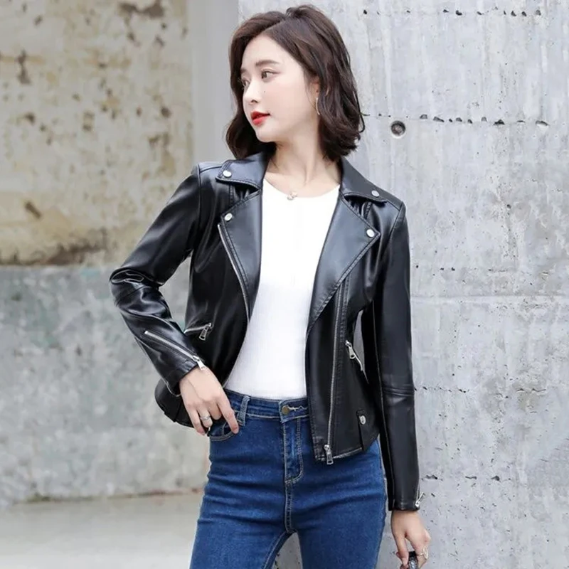Casual Elegant Outerwear Female Top Women The Belt Fashion Pocket Faux Leather Lapel Solid Color Zipper Soft Quality Jacket