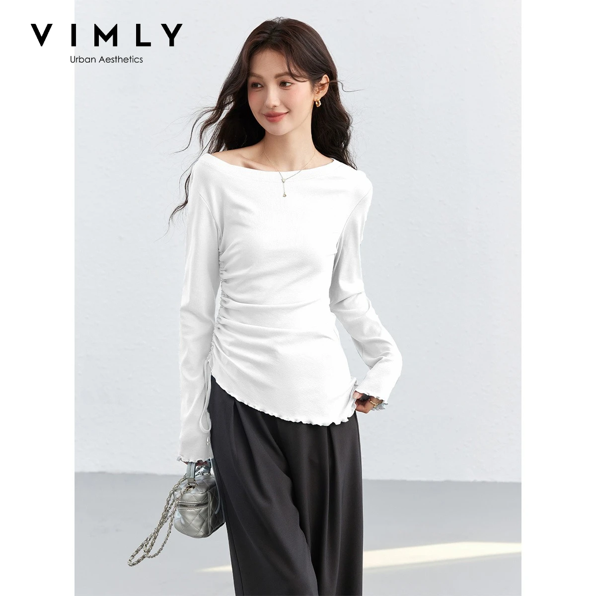 VIMLY White Long Sleeve T-shirt Women Autumn 2026 New Irregular Off-shoulder Ruched Tie Slim-fit Tees Basic Female Tops 30632