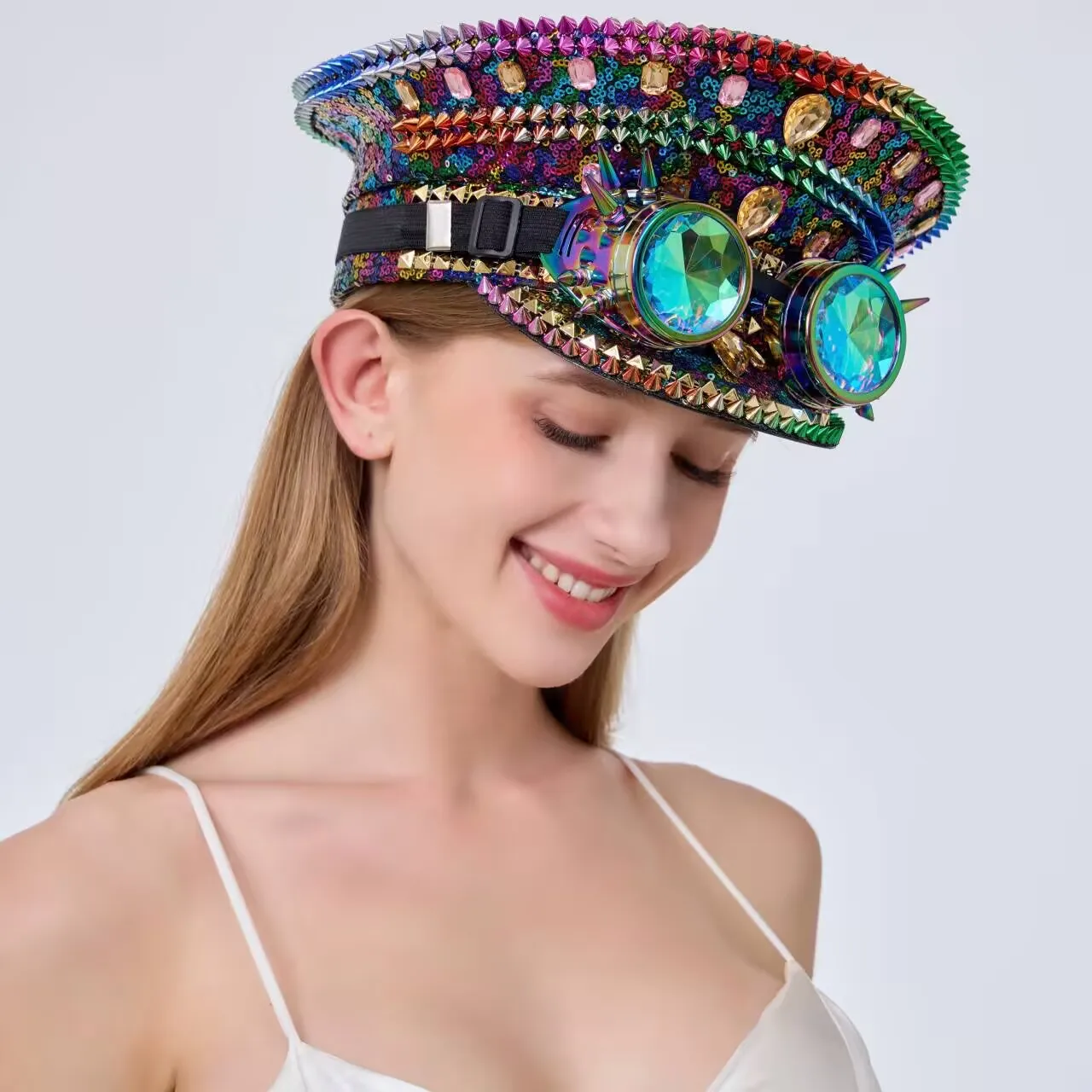 Steampunk Festival Captain Hat Rhinestone Goggles Unisex Adult Sequin Anime Accessories Music Festival Cosplay Cap