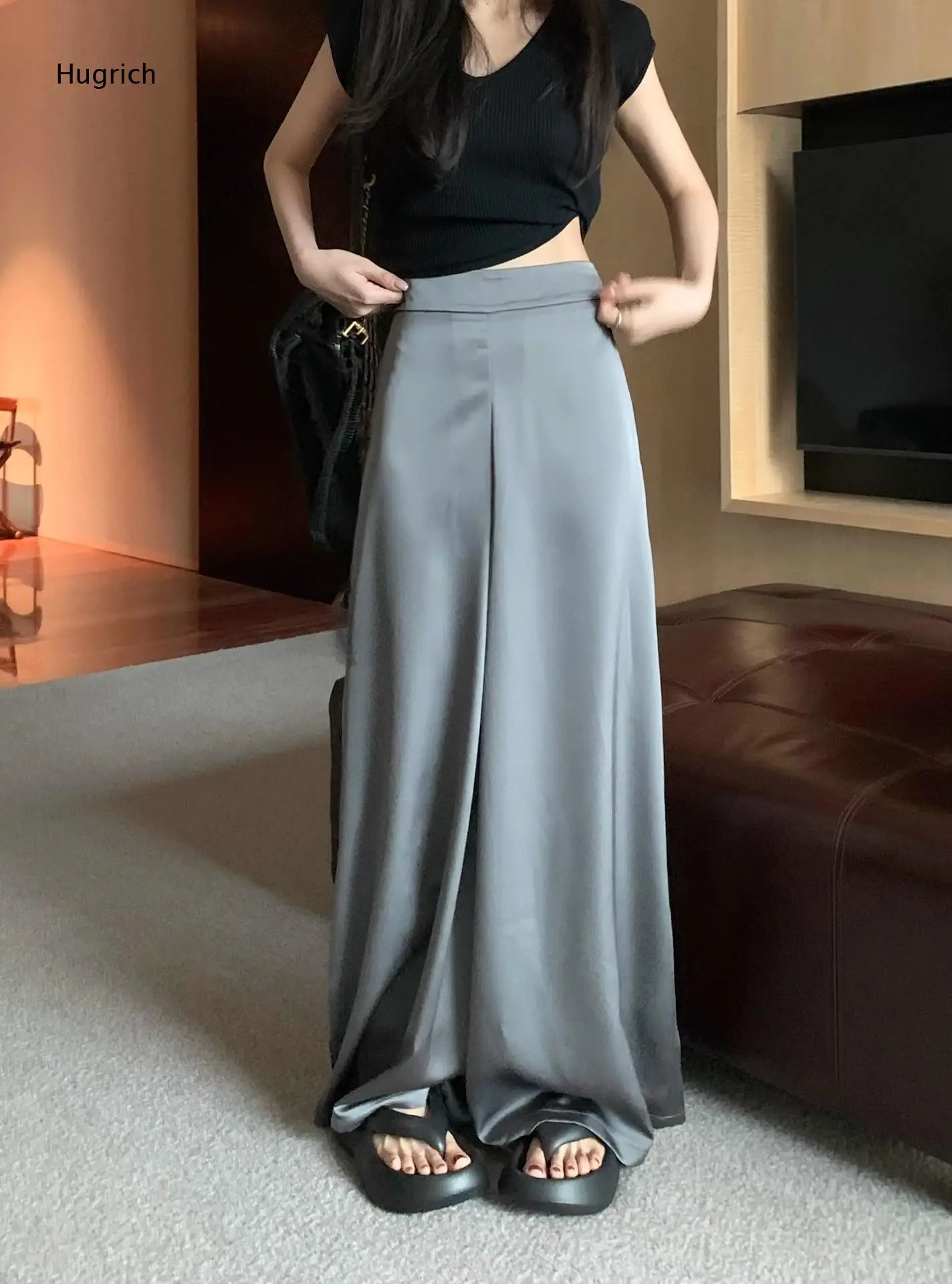 Grey Satin Wide Leg Long Pants High Waist Smooth Glossy Fabric Loose Flowy Floor Length Trousers Daily Casual Women Bottoms