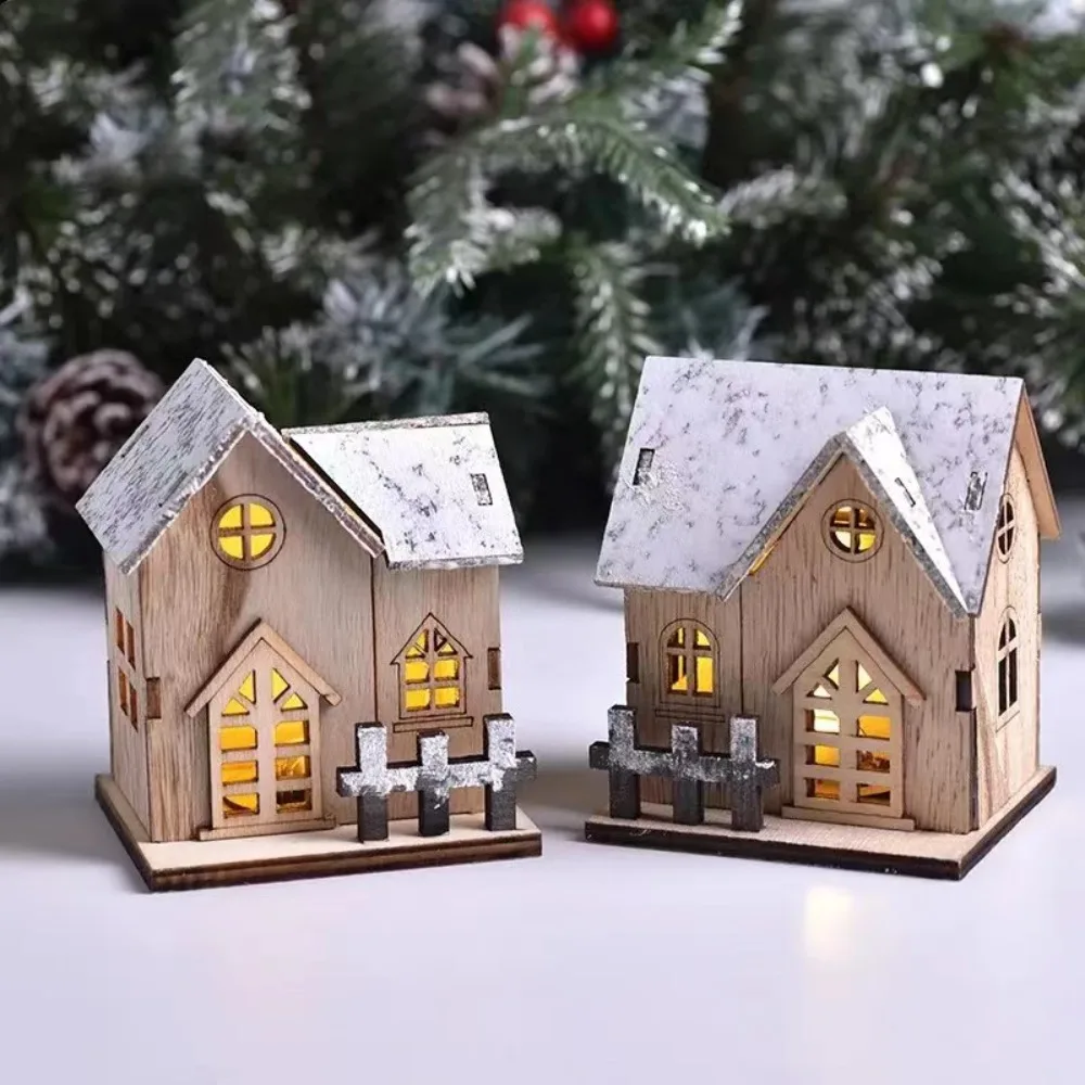 Vintage DIY Xmas Wooden House Glowing Castle Mini Luminous Cabin Christmas LED Light Home Decoration