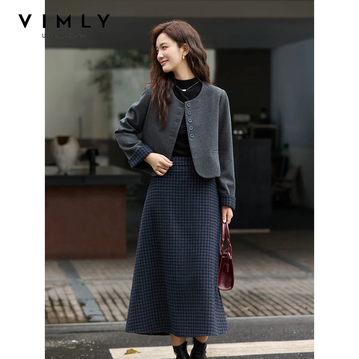 VIMLY Grey Plaid Two‑piece Set Women 2026 Fall Winter Commuter Round Neck Jacket Long Plaid Skirt Fashion Matching Outfit A2805