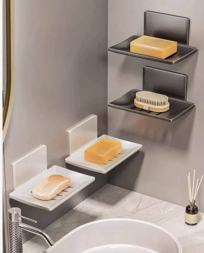 

Adhesive Aluminum Soap Dish Holder No Drill Wall Mounted with Drainage Net for Bathroom Shower Storage Rack