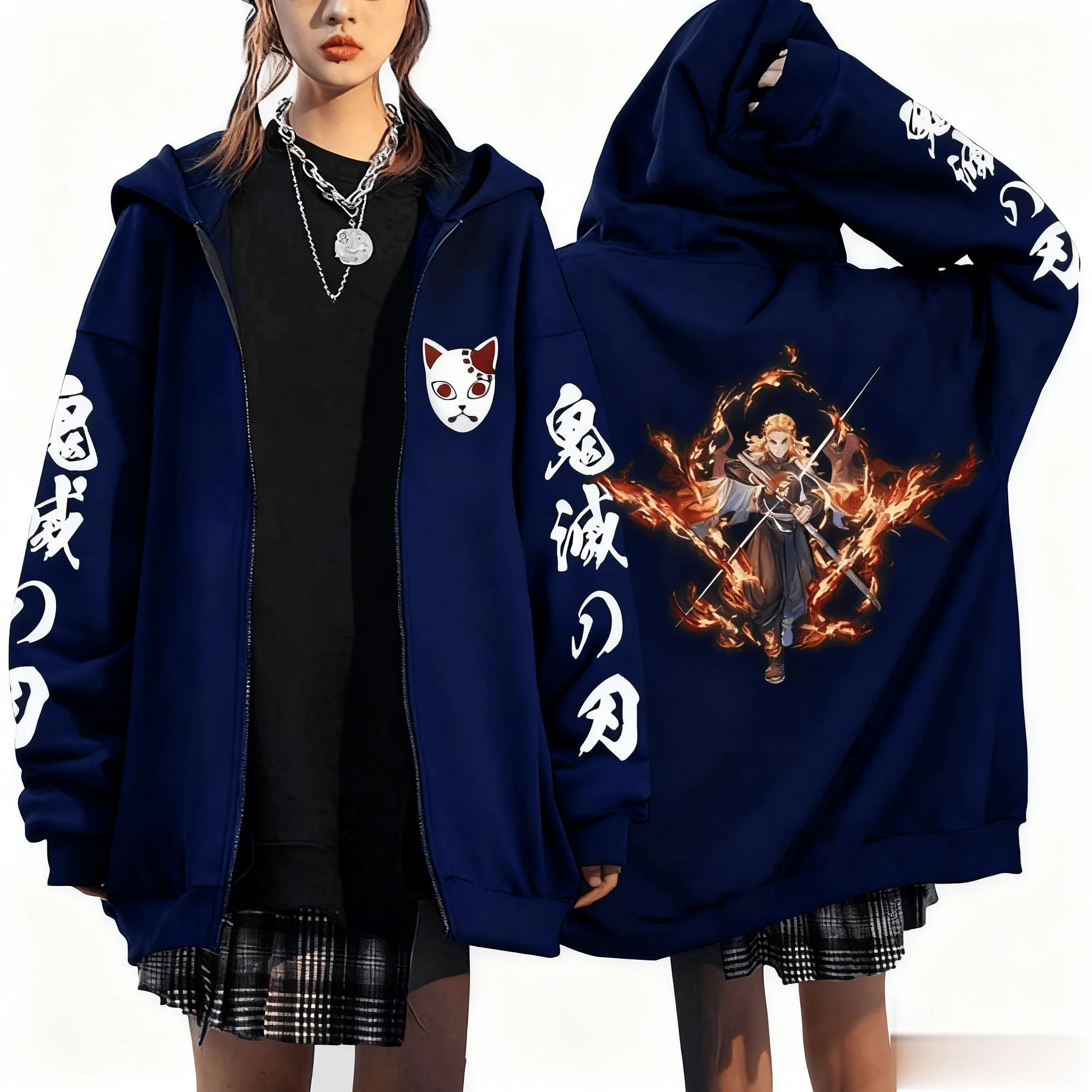 Kyojuro Rengoku-Chaqueta con capucha de Anime para hombre y mujer, ropa de calle informal holgada, sudadera con cremallera, estampado gráfico Demon Slayer, Otoño e Invierno