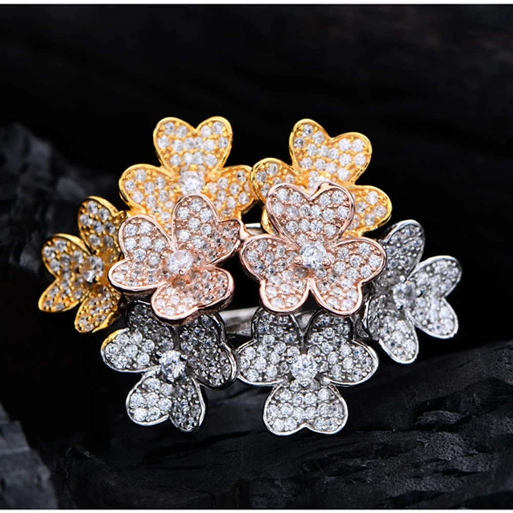 Wong Rain Luxury Hyperbole 925 Sterling Silver Flowers High Carbon Diamond Gemstone Fine Jewelry 18K Gold Plated Ring Wholesale