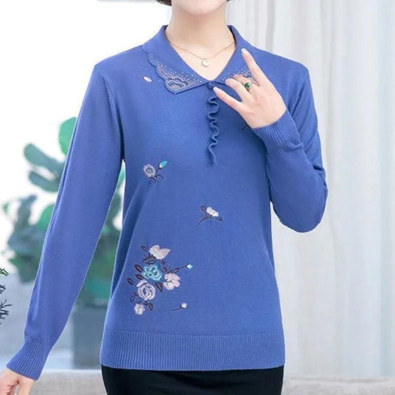 Autumn Winter Women's Pullover Turn-down Collar Solid Rhinestone Embroidered Flower Lantern Long Sleeve Sweater Knitted Tops
