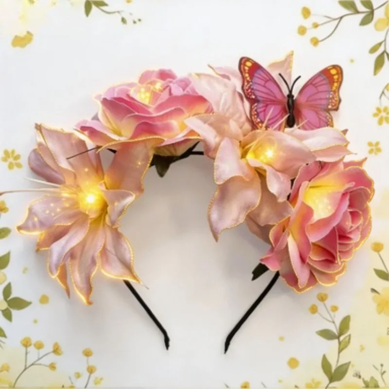 Warm Light Floral Butterfly Headband With Flash Modes, Durable Fabric Flower Hair Accessory For Holiday Parade Bridesmaid Daily