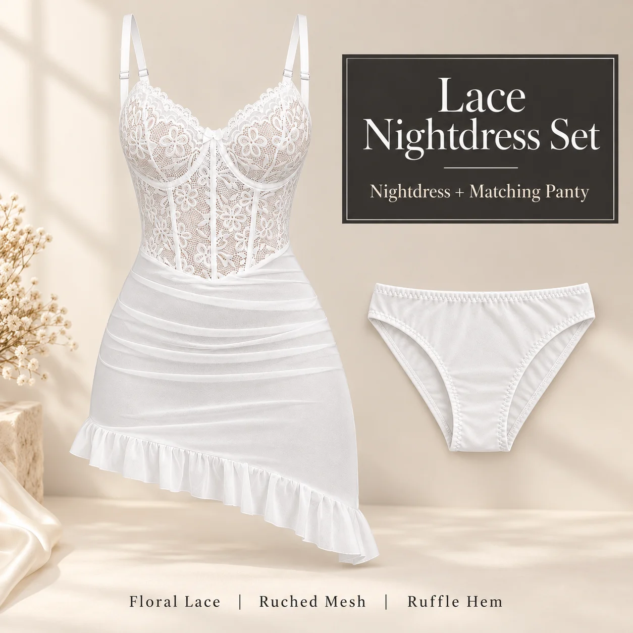 Women's Lace Babydoll Nightdress with Matching Panty Adjustable Straps Ruched Sheer Skirt Ruffle Hem Four Colors S M L XL