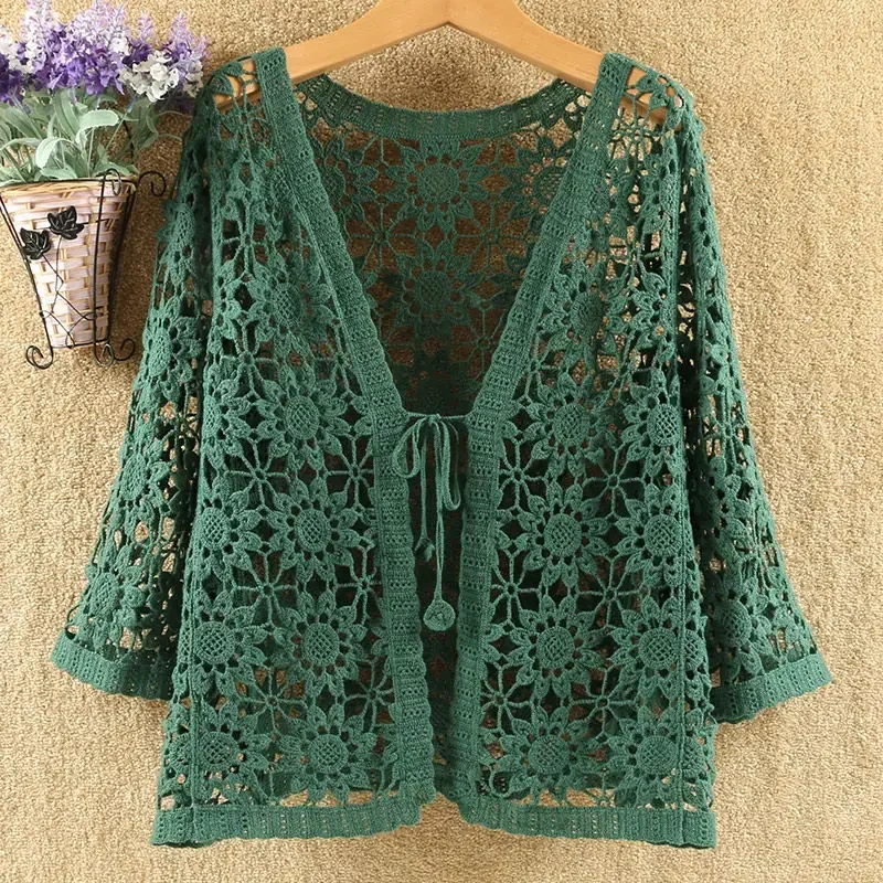 

Sexy Hollow Lace Sunscreen Cardigan Sweater Women Wide Loose Air Conditioning Knitted Sweater Thin Section Female Spring Autumn