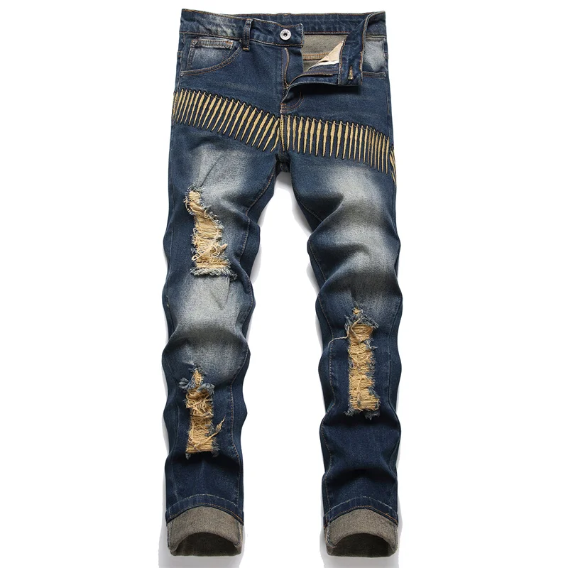 

Nostalgic Ripped Jeans Men's Unique Embroidery Design Fashion Street Fashion Elastic Slim Fit Skinny Motorcycle Retro Trousers