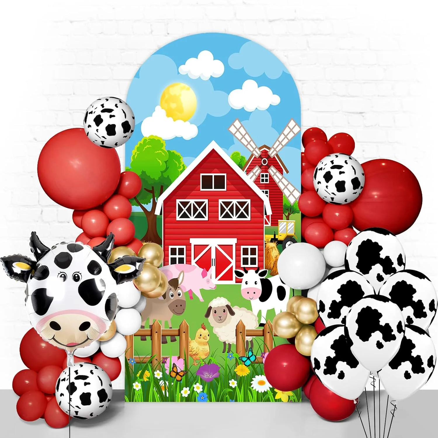 

Красный фермерский фон с аркой и животными, красный сарай, дом, вечеринка, спандекс, арочный чехол, эластичный фон, чехлы на подставку