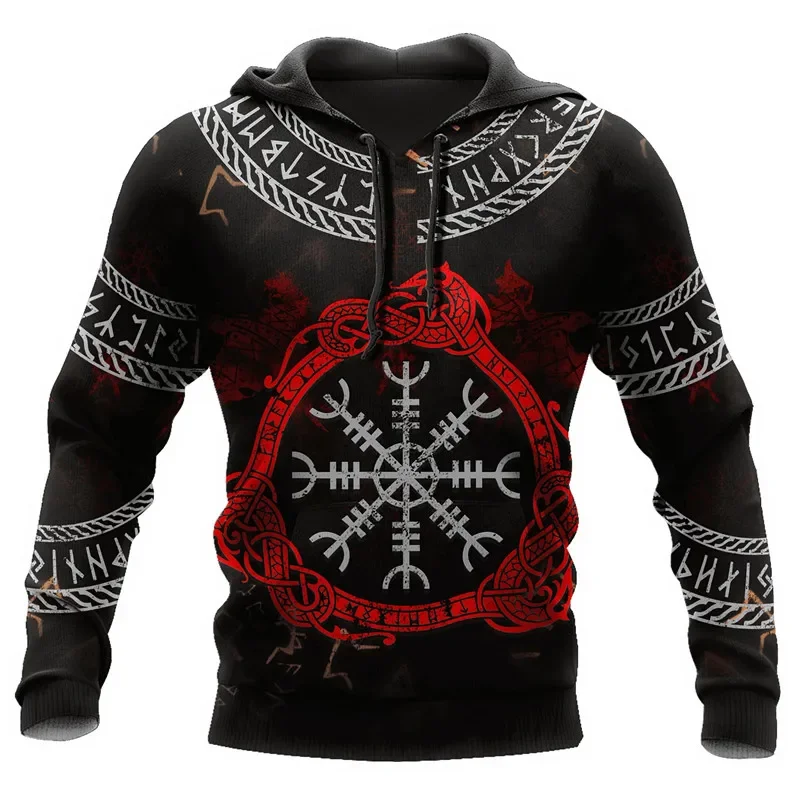 Fashion Casual Hoodie Viking Vegvisir Red Circle Line Tattoo 3D Printed Men's Zip Hoodie Fall Unisex Street Casual Sweatshirt