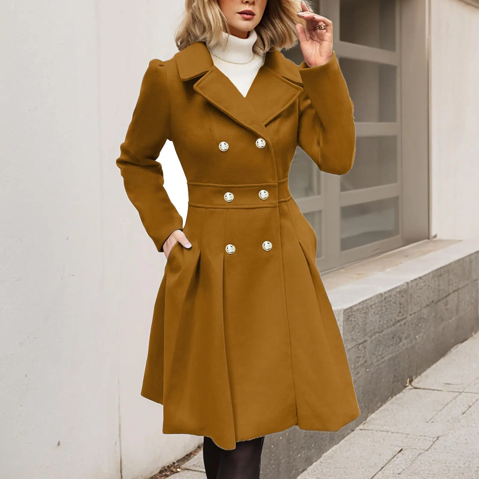 Mulheres outono inverno tweed vestido turndown colarinho cor sólida manga longa botão casual quente moda confortável padrão regular