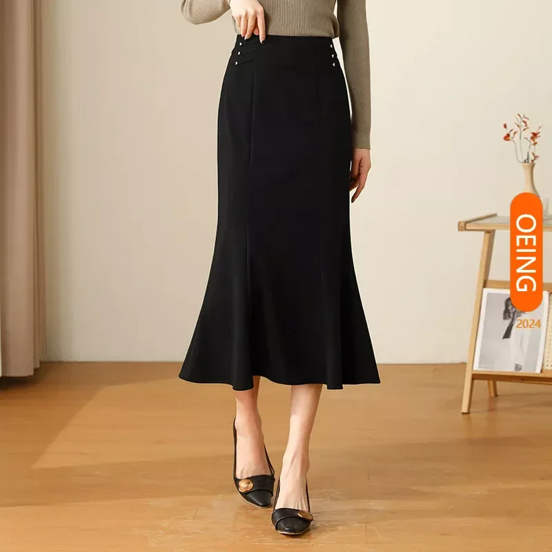 

Women Chic High Waist Bodycon Long Black Fishtail Skirt 2024 Spring Autumn Elegant Slim Fit Suit Skirts Office Lady 4XL 2907