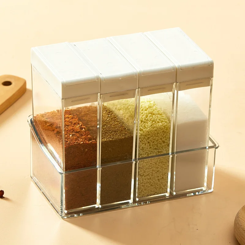 

4PCS Spice Box Kitchen Supplies Integrated Multi Grid Salt Storage MSG Bottle Pot Household Flavoring Combination Set