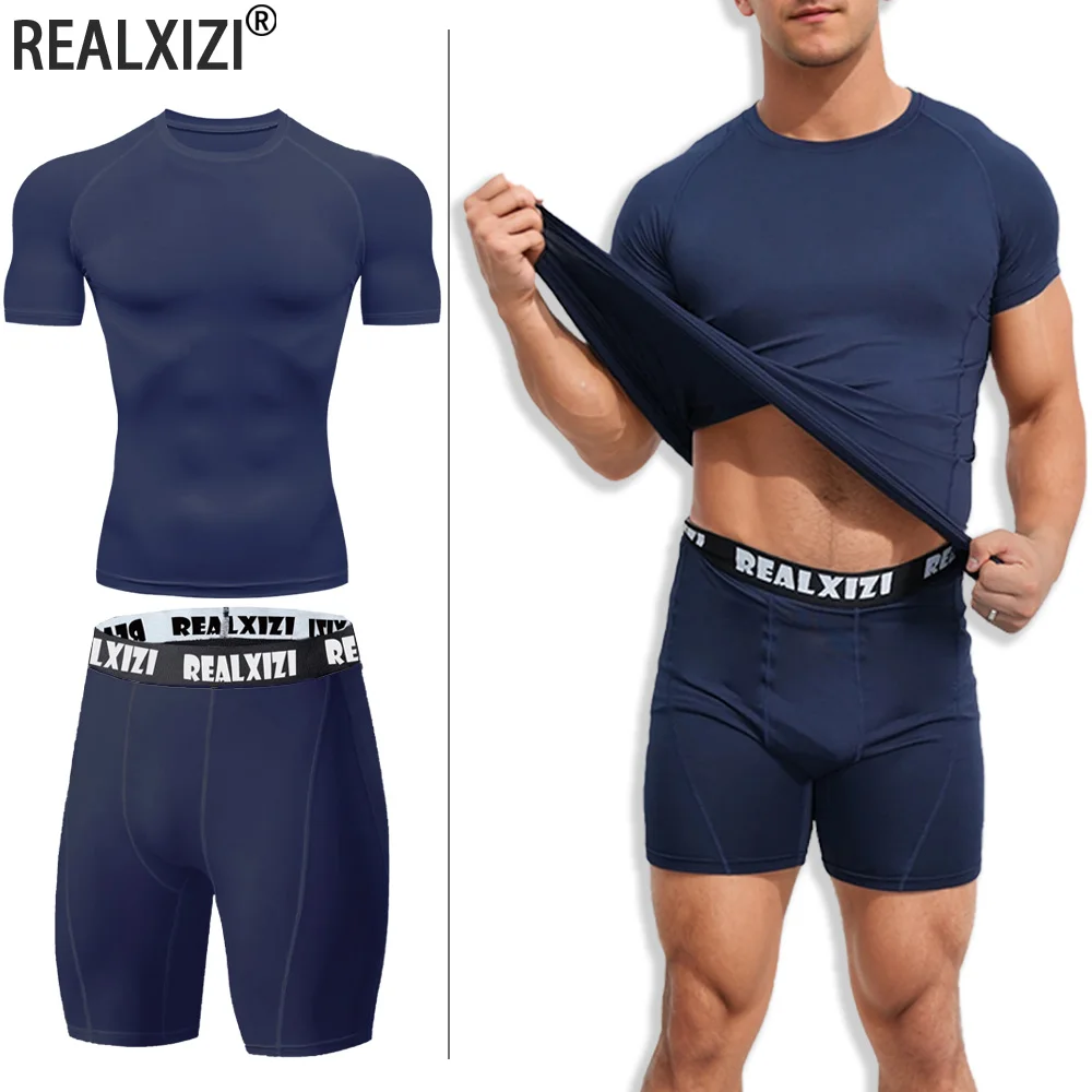 

Мужской компрессионный комплект для тренировок, дышащая, быстросохнущая футболка для бега, короткий комплект из 2 предметов, эластичные костюмы для фитнеса, спортивный костюм для бега