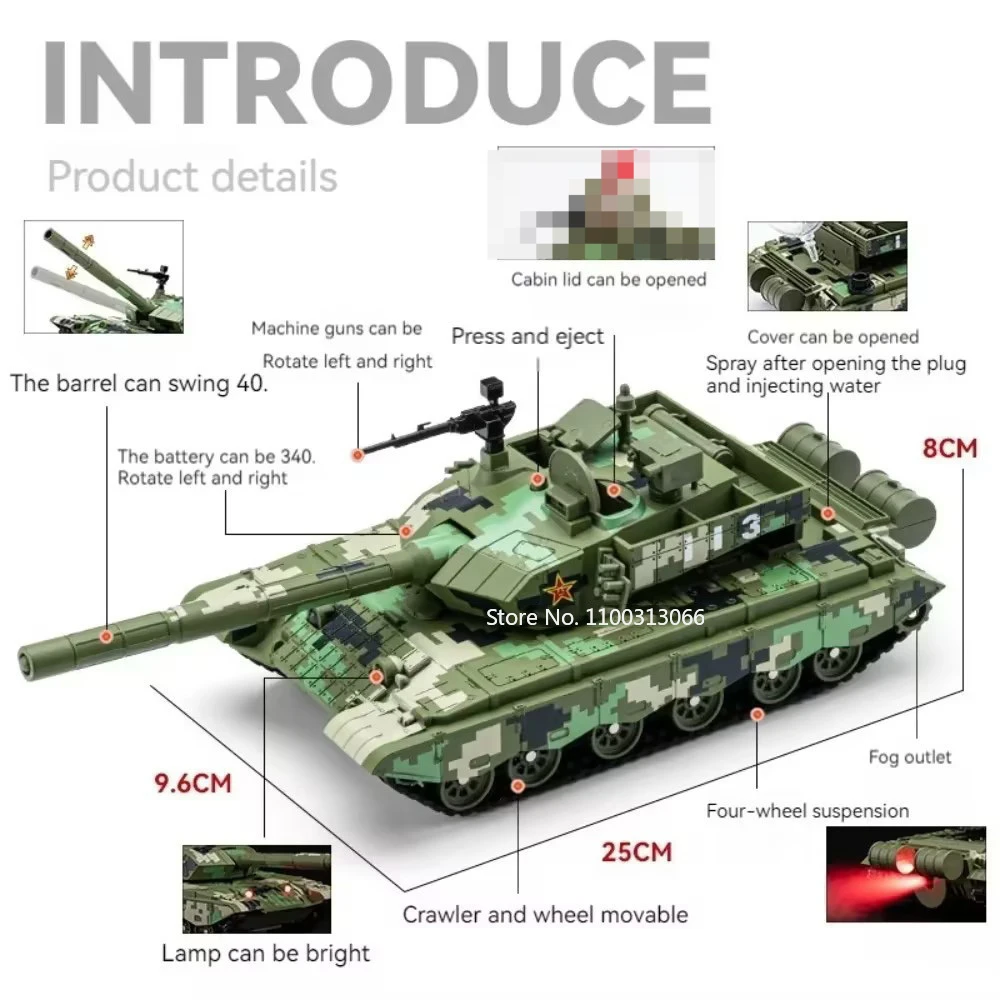 1/32 Scale T99A Main Battle Tank Spray Version Car Model Toy Metal Diecasting with Light Music Toys Kids Birthday Collect Gifts